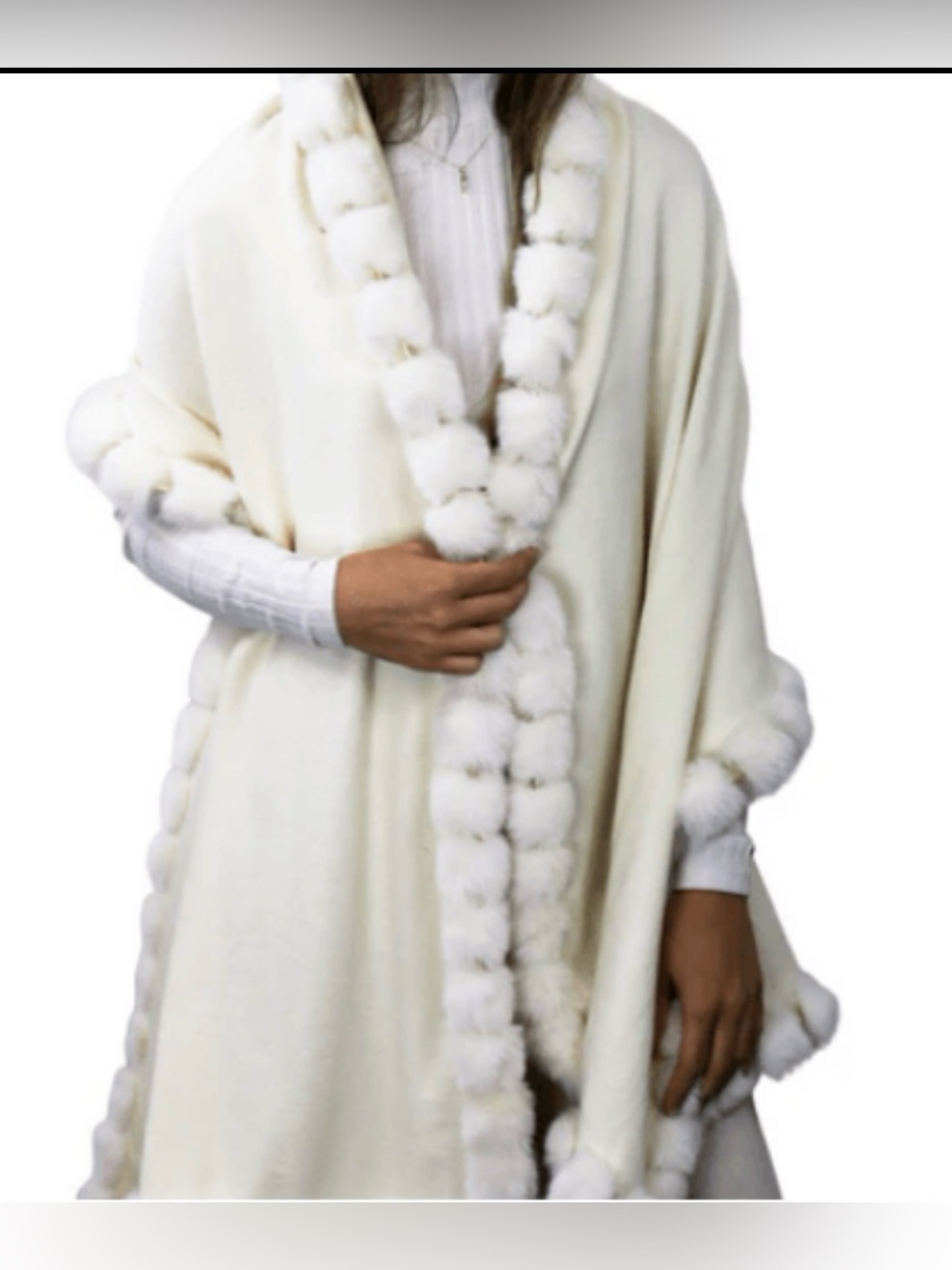 La Fiorentina Elegant White Faux Fur Trim Shawl Wrap